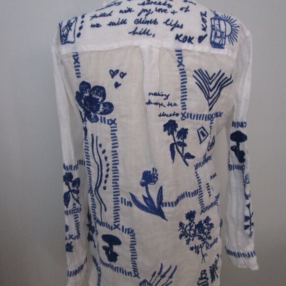 Embroidered Classic Shirt White Ramie Royal Blue - Picture 13 of 14